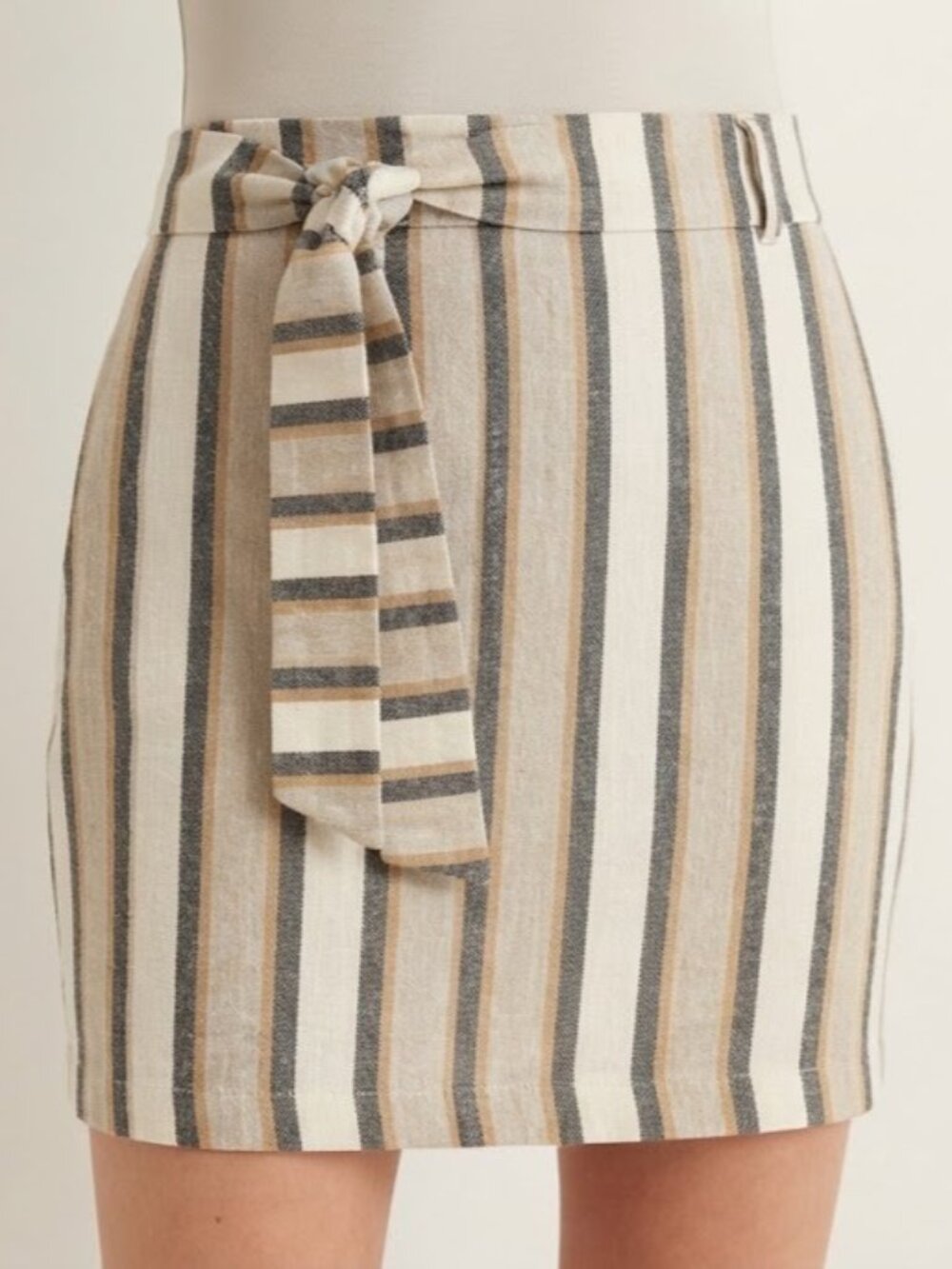 Vertical Striped Linen Blend Tie-Waist Pencil Mini Skirt